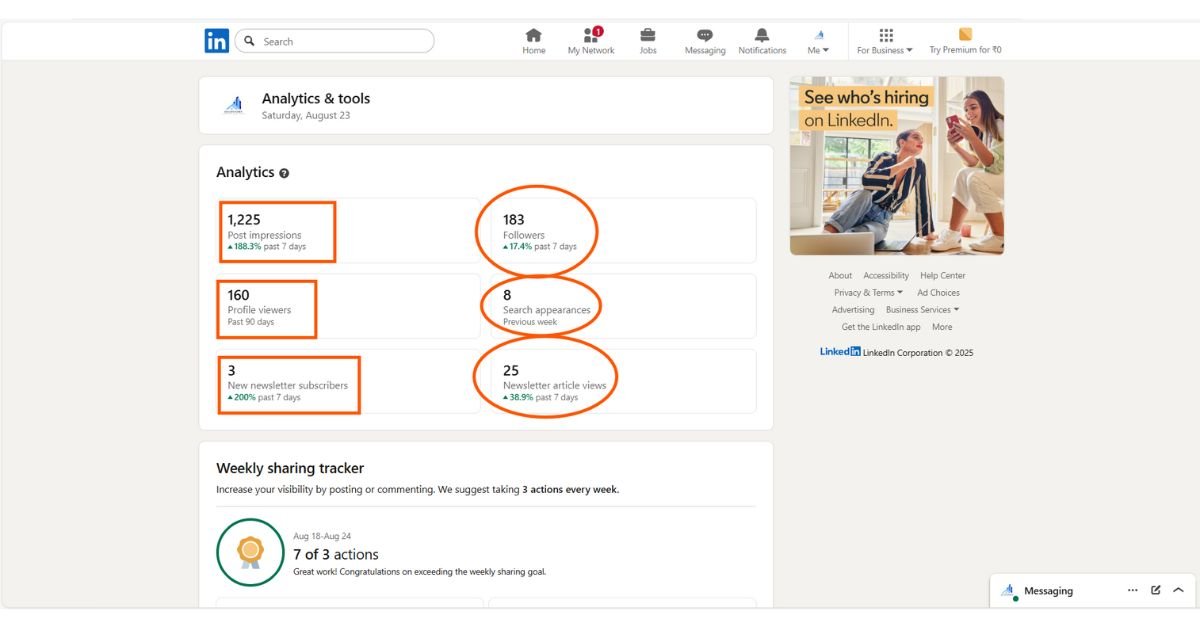 LinkedIn analytics screenshot showing profile growth, followers gained, and engagement within one month.