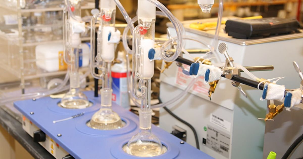 Laboratory testing of epoxy resin and hardener for curing quality and performance.