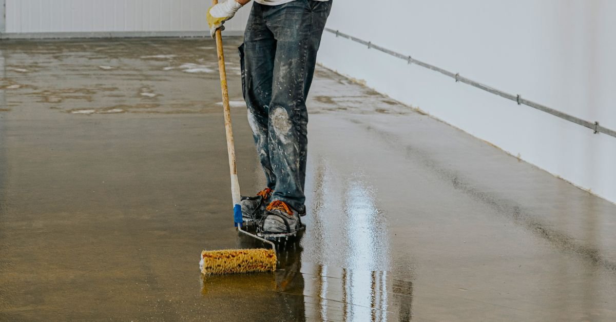 Peeling and blistered epoxy floor with repair work in progress.