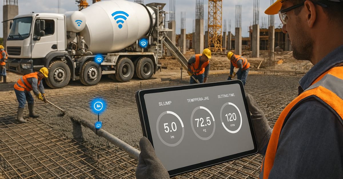 Construction workers using IoT sensors and digital dashboards for real-time concrete monitoring.