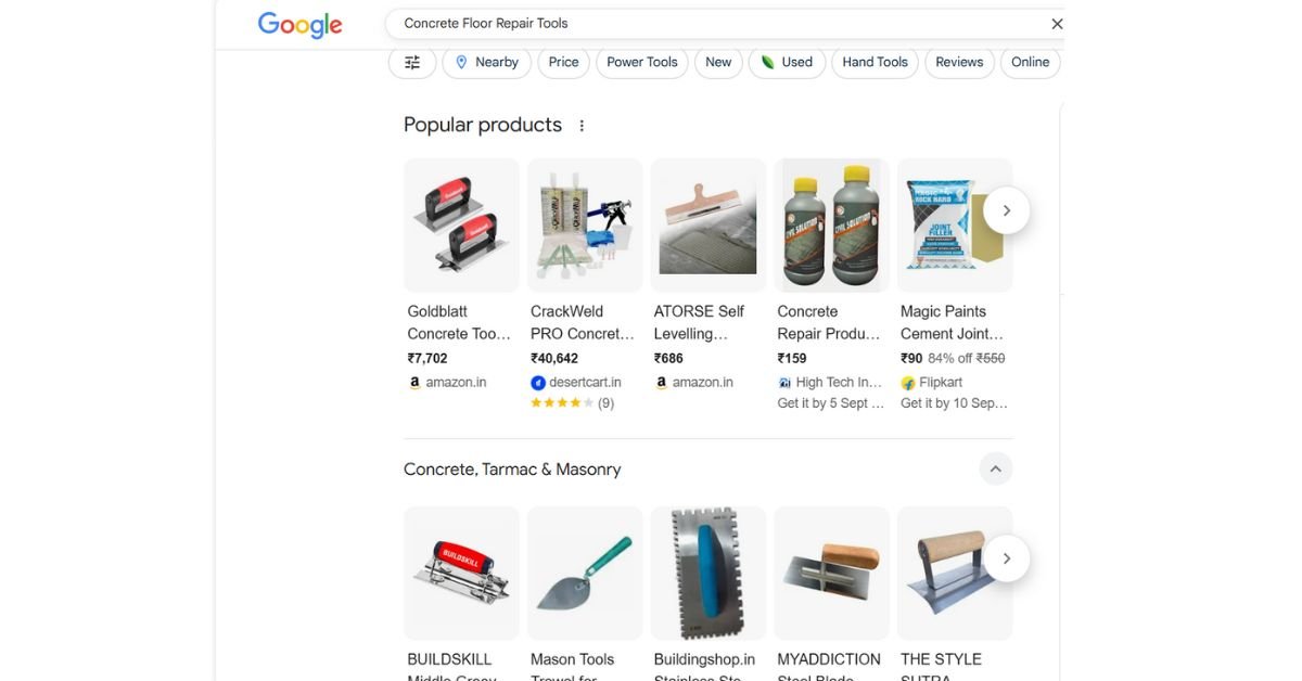 Trowels, rollers, and brushes used for applying concrete bonding agents on repair surfaces.