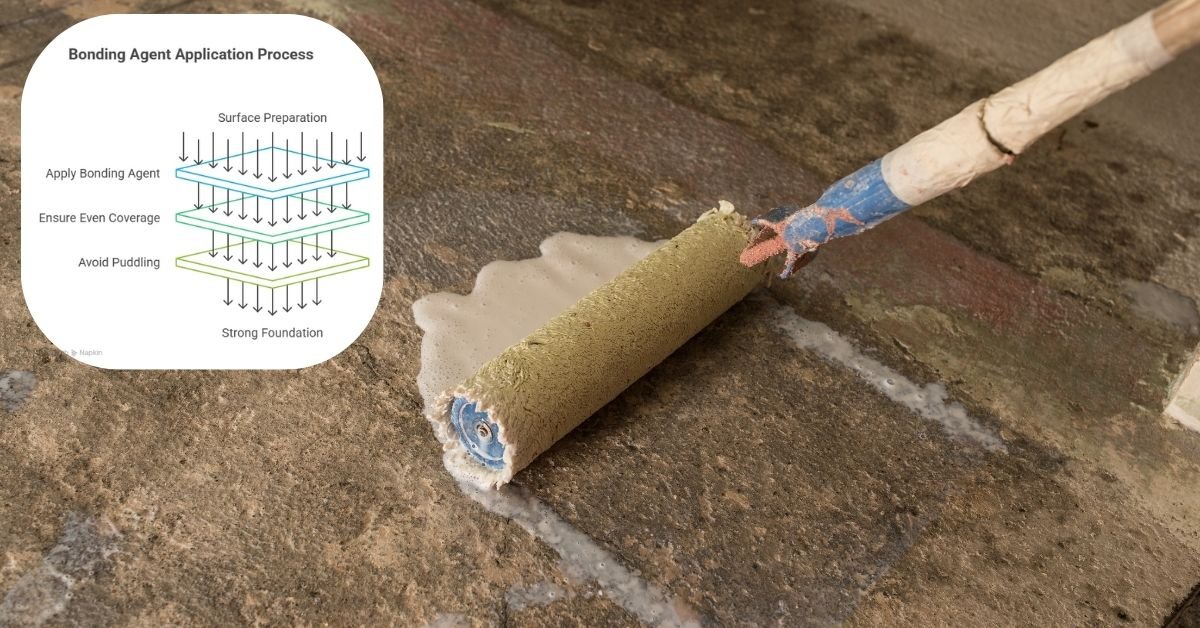 Worker applying concrete bonding agent with a brush for repair adhesion