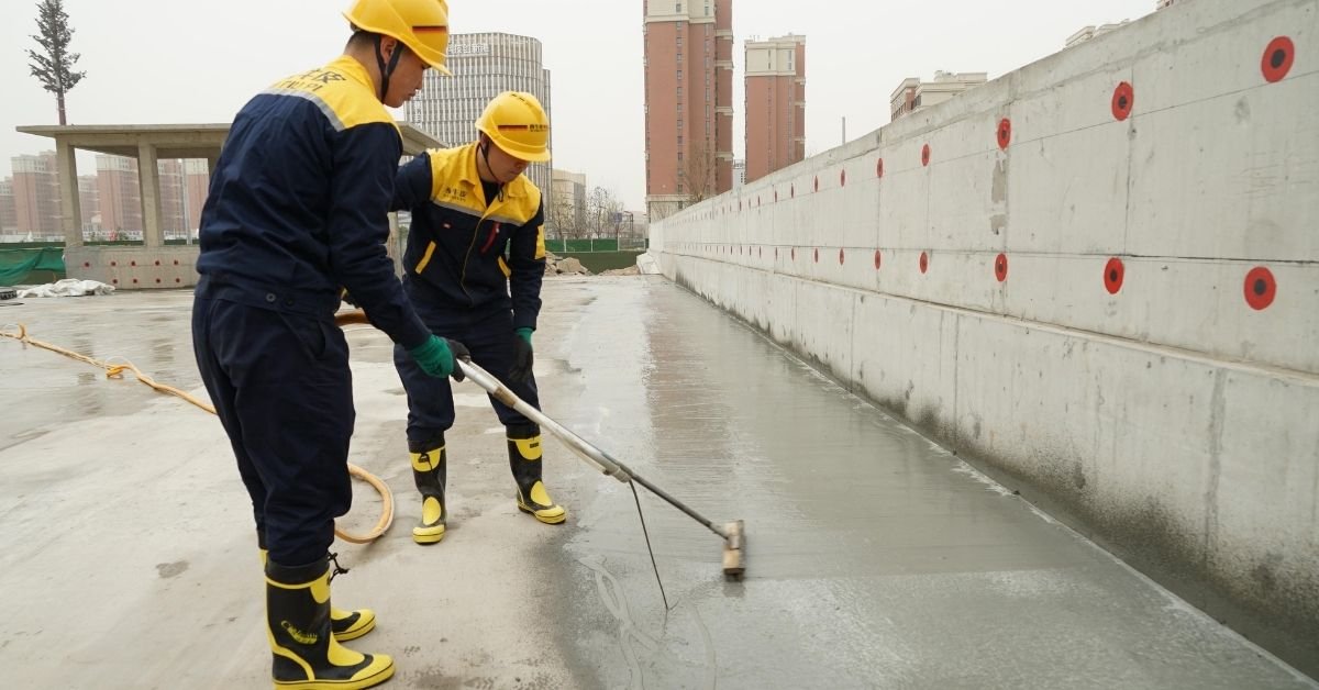 Construction professional demonstrating concrete repair process using bonding chemicals